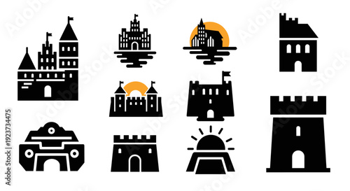 Medieval castle icons set with silhouette towers and fortresses in black and orange design