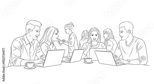 Collaborative work space: team engaging in casual office environment with laptops and coffee breaks