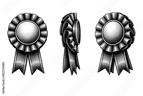 Dot Density Ribbon Badge. Dot density ribbon badge. A ribbon-style badge object is displayed in three views: frontal view, folded side view, and three-quarter