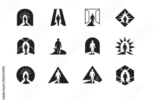Healing Journey Icons. Friendship breakups and healing. Icon set. Set Logo of Friendship breakups and healing: figure walking toward light. harmonious logo