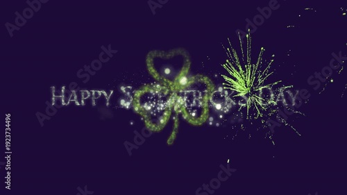 Center green spark bursting, forming shamrock and revealing HAPPY ST