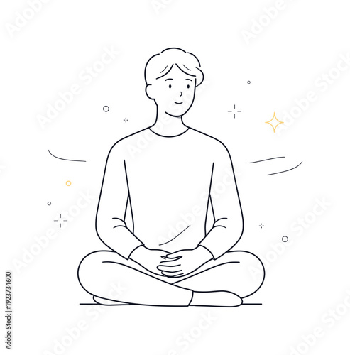Young man meditating peacefully in lotus position with calm expression and subtle sparkling aura