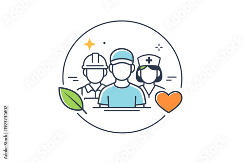 Community support. A group of worker icons inside a simple circle with a leaf and heart accent. The illustration emphasizes social support