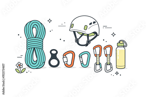 Spring climbing adventure. Top-view layout of climbing gear?rope, carabiners, helmet, and water bottle?arranged neatly on rocky surface. Calm and organized