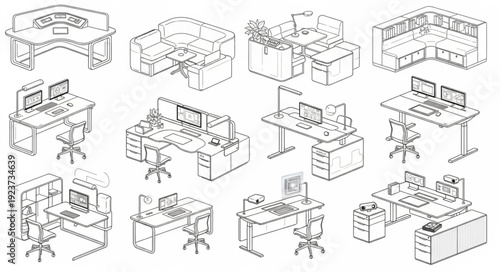 Office desk designs and layouts for modern workspaces and office environments.