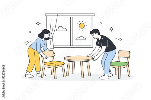 Rearranging furniture for light. Two people quietly adjust chairs and a small table together near a window. Calm collaboration to improve
