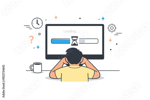 Progress bars frozen. Person staring at a screen with a paused or stuck progress bar, hands resting idle. Visual metaphor for digital