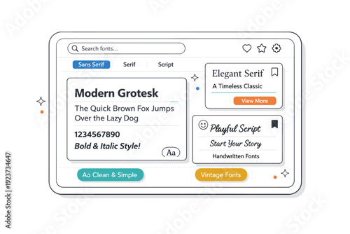 Digital typography resources. A tablet or screen displaying font previews with text samples and UI cards. Modern and accessible mood for online type libraries.