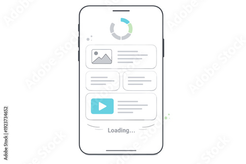 Mobile app placeholder screen. Rounded cards and lines representing text and media blocks inside a phone frame. Loading interface state,