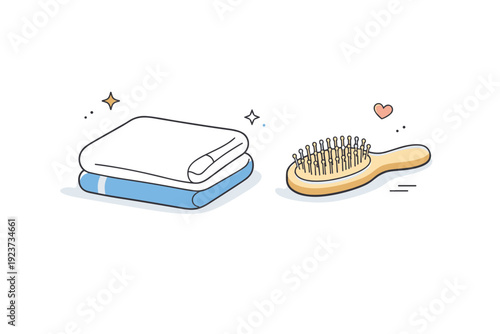 Bathroom essentials. A calm editorial scene showing a neatly folded towel and a hairbrush placed side by side on a clean surface. The mood