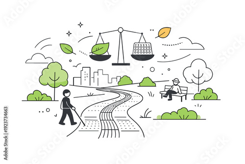 Tactile path through park. A winding path with tactile paving leading through an urban green space, abstract floating leaves and lines