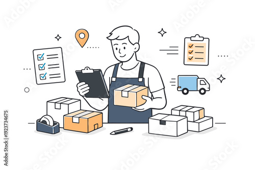 Product and order management. A business owner checking packages and order sheets, calmly organizing shipments for delivery. The scene