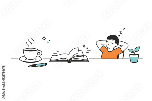 Time passing concepts. Desk scene with coffee cup cooling down, pages turning slightly, and a relaxed figure nearby. Everyday signs of time moving forward