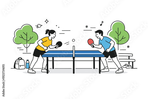 Spring park table tennis scene. Two players facing each other at an outdoor table with trees and light motion lines. Friendly