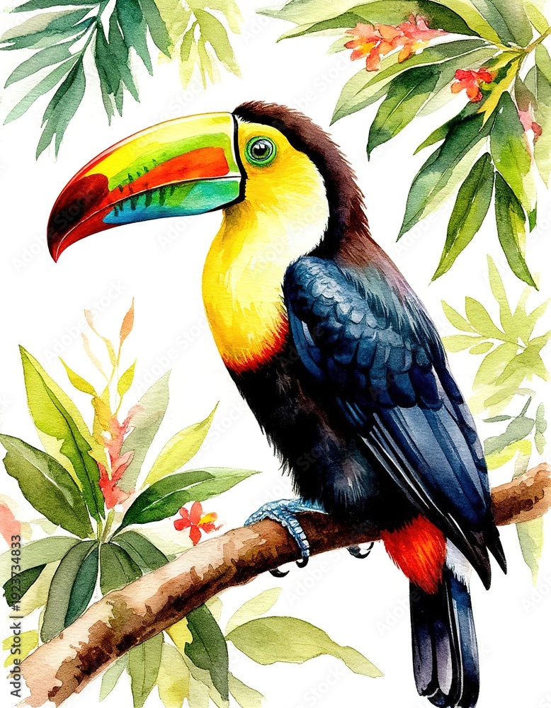 Fototapeta premium A toucan perched on a branch among foliage and flowers. Watercolor illustration of a bird portrait