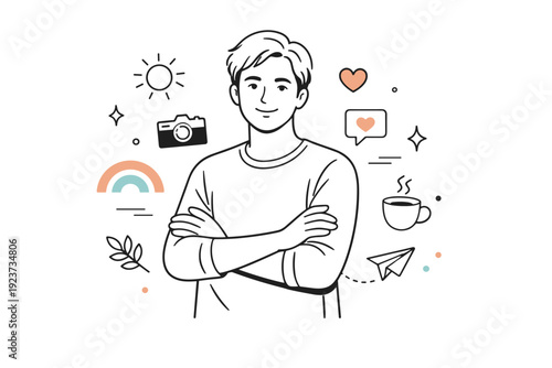 Confident Lifestyle Portrait. Lifestyle influencer portrait. A relaxed person standing with crossed arms and gentle smile, conveying confidence and everyday