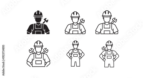 Worker and mechanic outline icon collection. Includes repairman, engineer, builder, and handyman symbols with tools. Created in line and solid styles with a black and white palette.