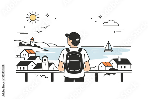 Coastal town exploring. A person looks out from a viewpoint over rooftops and the shoreline, taking in the calm coastal scenery. The atmosphere conveys