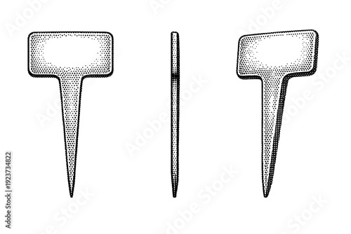 Plant shop label plastic pot insert label shown as a single object from three different angles: front view, side profile view, and three-quarter view. Black