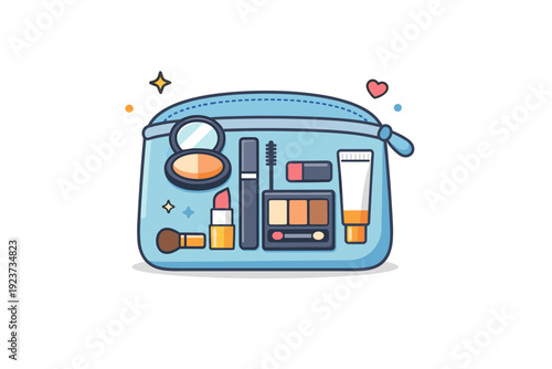 Cosmetic set for everyday makeup designed for travel and on the go use. A compact illustration of small makeup containers organized neatly in