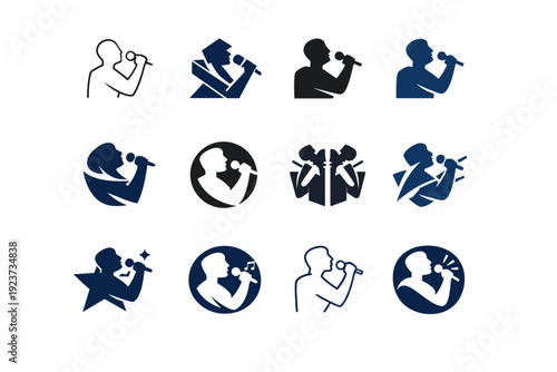 Individuals engaged in artistic expression (performance, visual art, music). Icon set. Set Logo of Individuals engaged in artistic expression