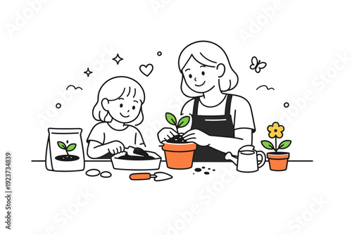 Moments with Mom. Quality time with mom. A peaceful moment where a mother and child are cooking or planting together, engaged and smiling. Friendly shapes and