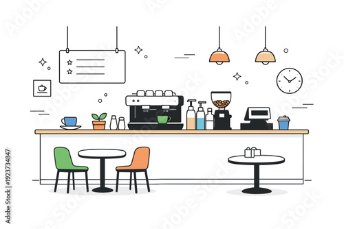 Empty cafes daytime. A minimalist cafe counter with no queue, barista area quiet and clean. Slow hours and calm service moment. Minimalist flat