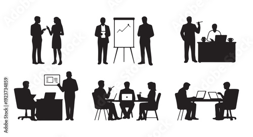 Business people silhouettes in various office settings, including presentations, one-on-one meetings, and desk work