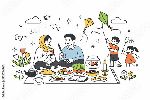 Nowruz Family Picnic. Nowruz outdoor picnic spreads. A family picnic with children nearby, kites and spring flowers in the background, warm togetherness and