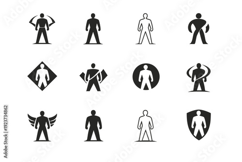 Confident stance. Icon set. Set Logo of Confident stance: balanced body axis. harmonious logo variations of the same emblematic concept, each with different