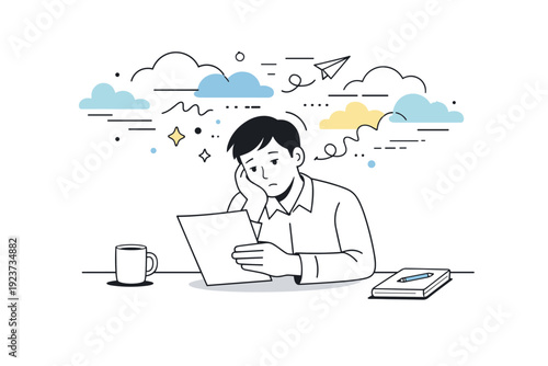 Loss of concentration. A distracted employee staring at a document while thoughts drift away as abstract clouds and broken lines. The scene