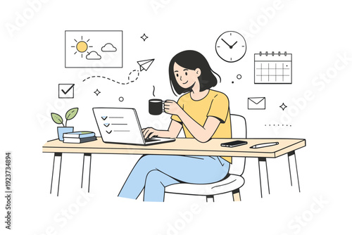 Quiet work during summer holidays. Finishing tasks peacefully while the day feels slow and quiet, relaxed posture and clear focus. Light