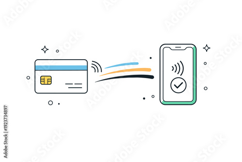 Banking technology. Contactless payment scene with card and phone icons, smooth motion lines suggesting fast and frictionless transactions.