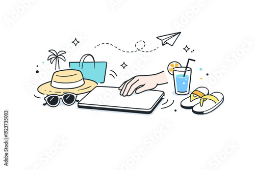 Work-from-anywhere summer lifestyle. End-of-work moment where a laptop is gently closed beside summer accessories, signaling freedom and flexibility. Soft