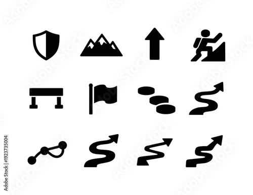 Resilience building. Filled icon set of Resilience building: shield icon, mountain, arrow
