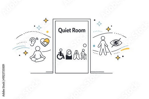 Prayer room sign and access. A door labeled ?Quiet Room? with icons of inclusivity and accessibility, abstract floating stars and lines