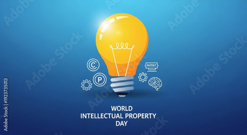 World intellectual property day concept with light bulb and icons on blue background symbolizing innovation and creativity