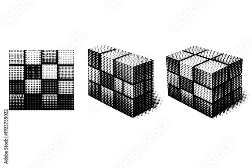 Halftone Grid Perspectives. Abstract halftone data grid block. A structured data grid block is illustrated in three views: frontal view, angled side view, and