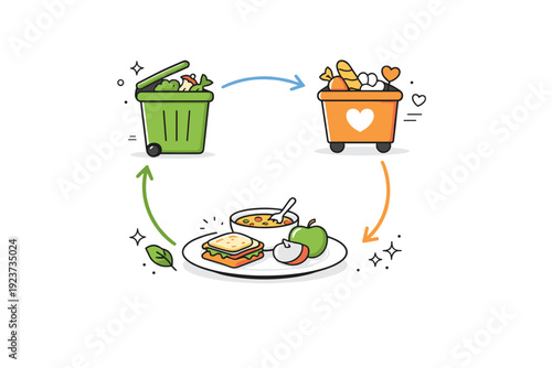 Food system visuals ? food waste reduction. Abstract bins, arrows and leftover food icons forming a circular loop, symbolizing reuse and