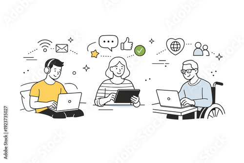 Remote user testing. Participants interacting with a web application via laptops or tablets from home, subtle floating icons representing