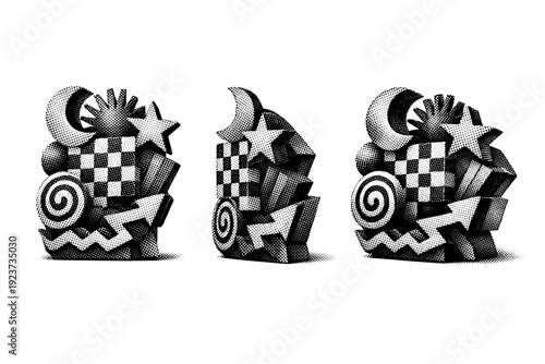 Halftone poster collage graphic shapes A grouped graphic shape collage treated as one object shown in front view, side-angled view, and