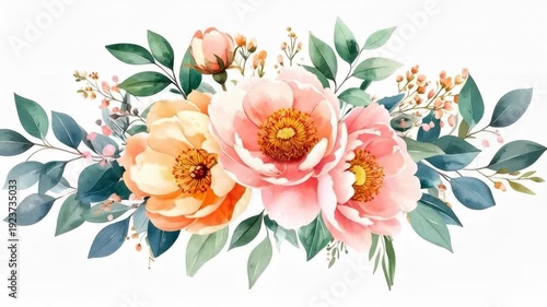 Watercolor floral arrangement with pink and peach peonies and green foliage