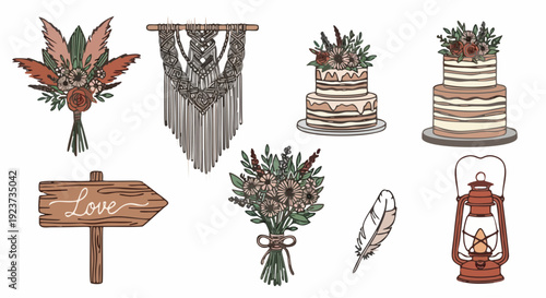 Boho chic wedding collection, rustic hand drawn floral bouquets, cakes, macrame and lantern vector illustration