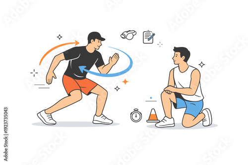 Athletic coaching one-on-one. Coach demonstrating a movement while the athlete watches attentively, clear body language and precise instruction, abstract