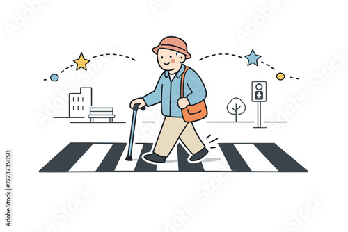 Senior pedestrian-friendly design. An elderly person walking comfortably with a cane across a wide urban crosswalk, abstract stars and dots showing safe