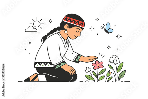 Cultural identity and nature. A person gently interacting with spring plants while wearing subtle cultural details, showing harmony between