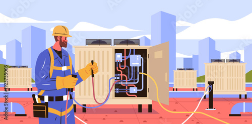 HVAC technician rooftop air conditioning repair maintenance service worker in safety gear checking industrial unit cityscape background