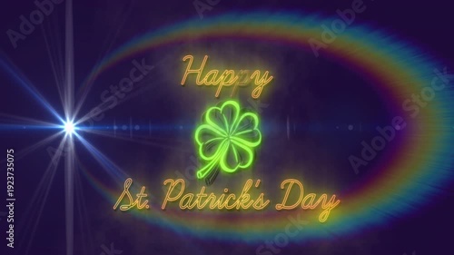 Neon sign glowing clover tracing green blue flare rising left causing burst marking St