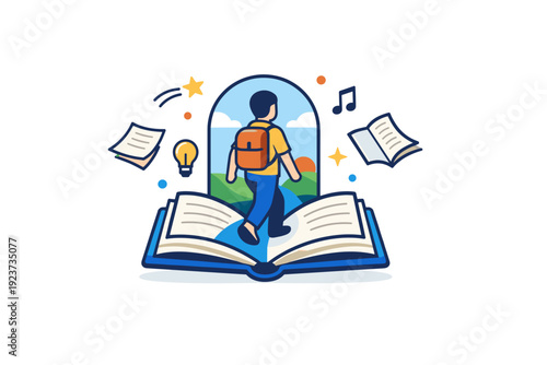 Literary journey reader stepping into a book world with floating pages and gentle symbols, expressing immersion, inspiration, and creative