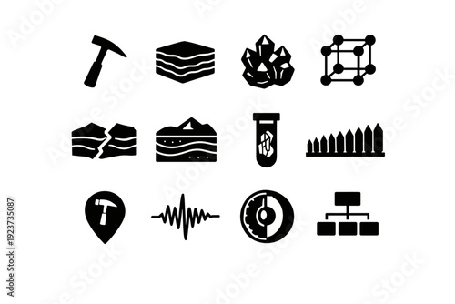 Geology and Minerals. Solid icon set of Geology and Minerals: geological hammer, rock layers, mineral sample, crystal lattice, fault line,